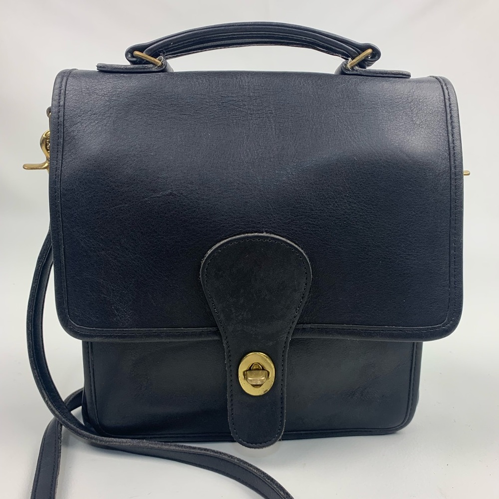Vintage Coach Station Black Leather Satchel shoulder bag Brass Hardware Hang tag